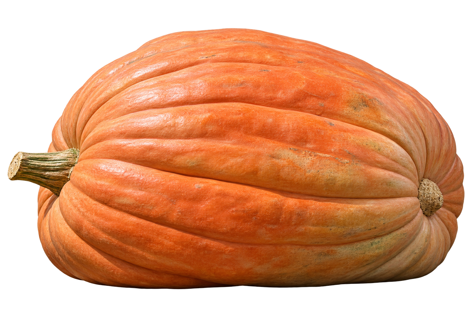 A giant pumpkin photographed from the side, stem on the left and blossom end on the right.